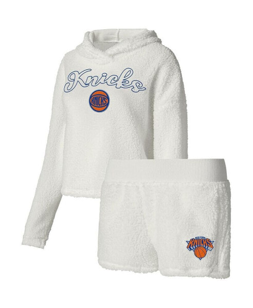 Women's Cream New York Knicks Fluffy Long Sleeve Hoodie T-shirt and Shorts Sleep Set
