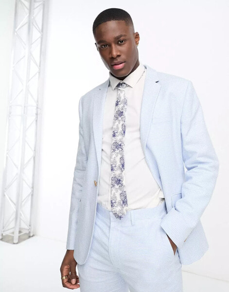 ASOS DESIGN slim suit jacket in linen in puppytooth in blue