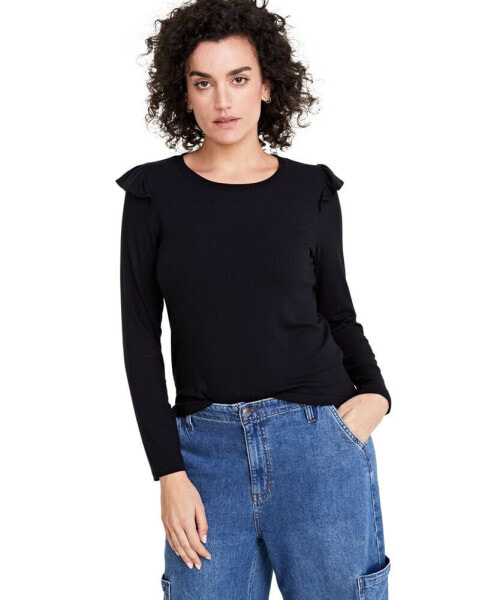 Women's Ruffle-Trim Ribbed Long-Sleeve Top, Created for Macy's