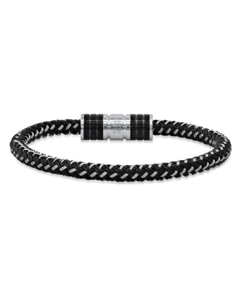 Carbon Fiber Two Tone Stainless Steel and Leather Cord Woven Braided Bracelet