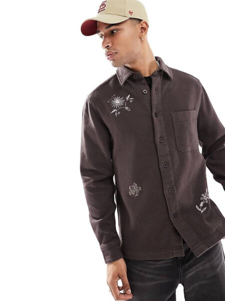 ASOS DESIGN overshirt in brown with floral embroidery