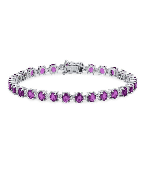 Simple Strand Alternating Natural Purple Amethyst & Zircon Tennis Bracelet For Women .925 Sterling Silver February Birthstone 7.25 Inch