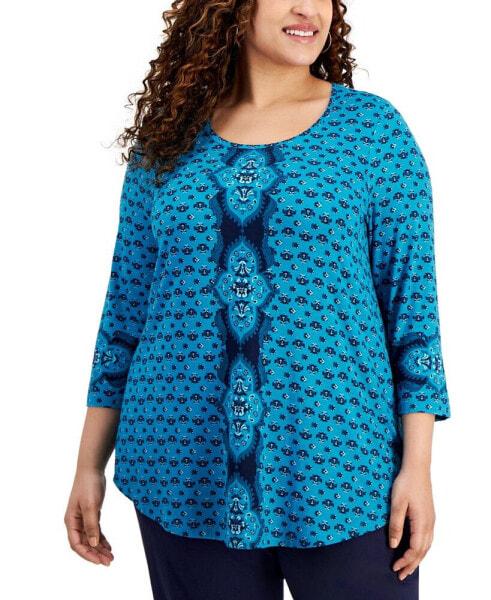 Plus Size Printed Scoop-Neck 3/4-Sleeve Top, Creted for Macy's