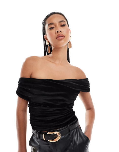 Kaiia slinky drape off shoulder top in black