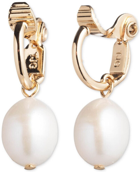 Gold-Tone White Freshwater Pearl (12mm) Drop Clip On Earrings