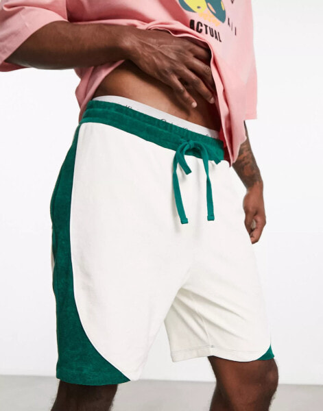 ASOS DESIGN oversized shorts in off white towelling with contrast panel