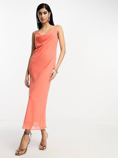 ASOS DESIGN chiffon cowl neck midi slip dress in coral