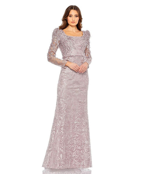 Women's Embroidered Applique Shoulder Detail Trumpet Gown