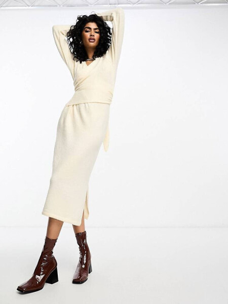 Vila knitted wrap midi dress in cream