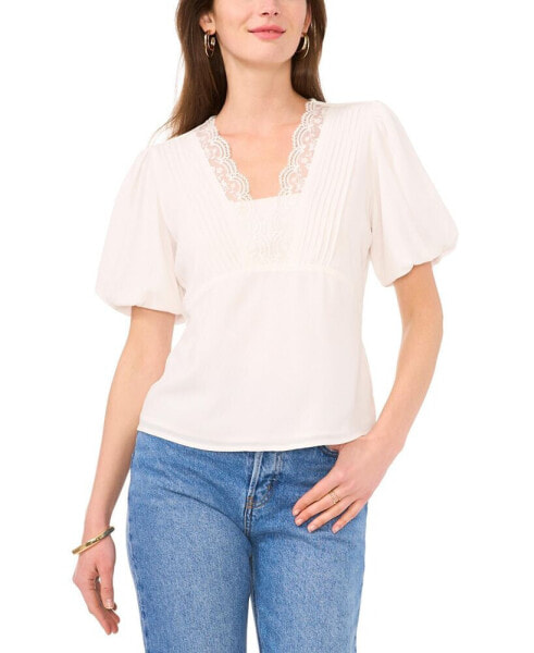 Women's Lace-Trim Puff-Sleeve Top