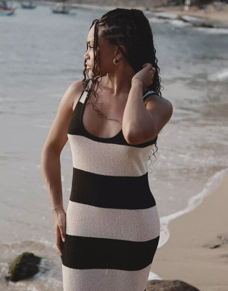 4th & Reckless x Loz Vassallo tulum knitted stripe maxi beach dress in black and white