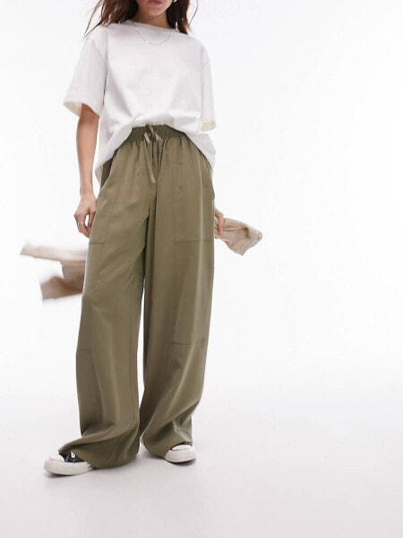 Topshop pull on wide leg trouser in khaki