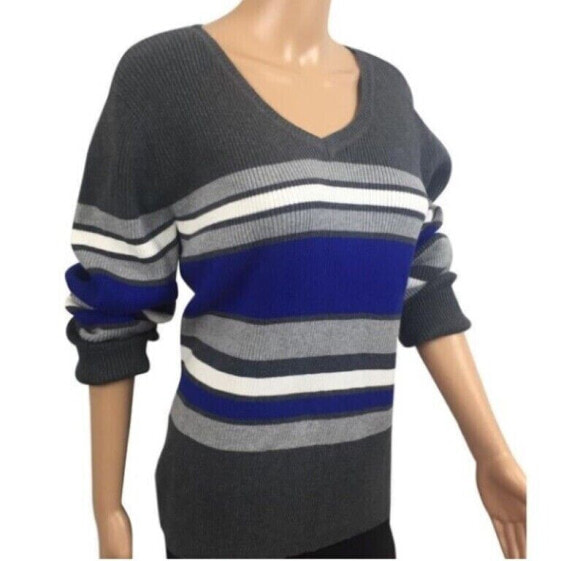 Karen Scott Women's V Neck Pull Over Sweater Color Block Ribbed Blue Gray L