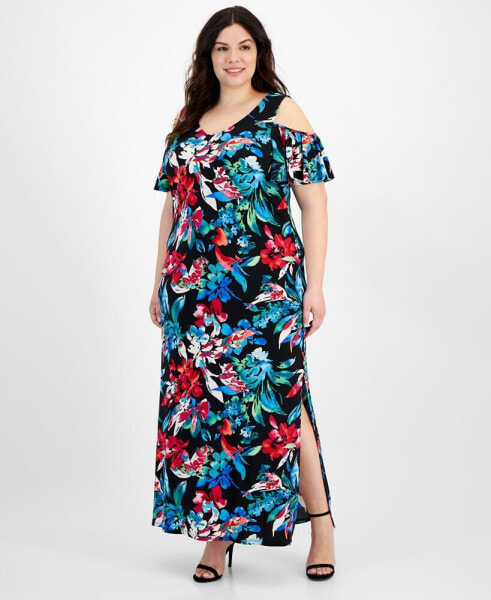 Plus Size Floral-Print Cold-Shoulder Maxi Dress