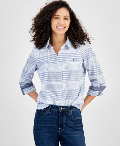 Women's Beach Stripe Cotton Roll-Tab Shirt