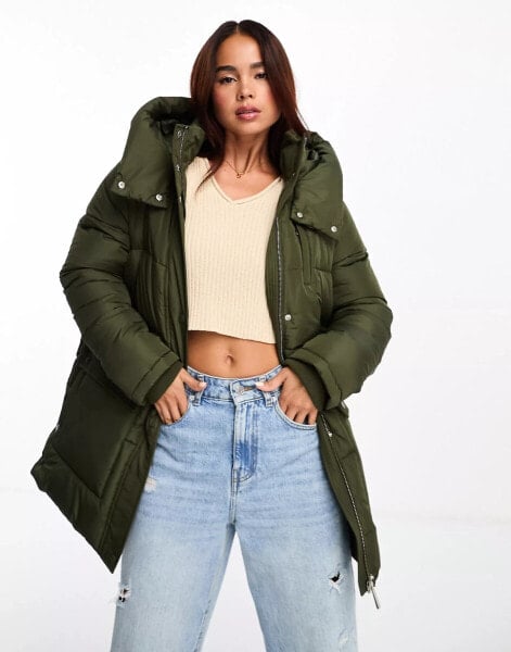 New Look mid length utility puffer coat in khaki