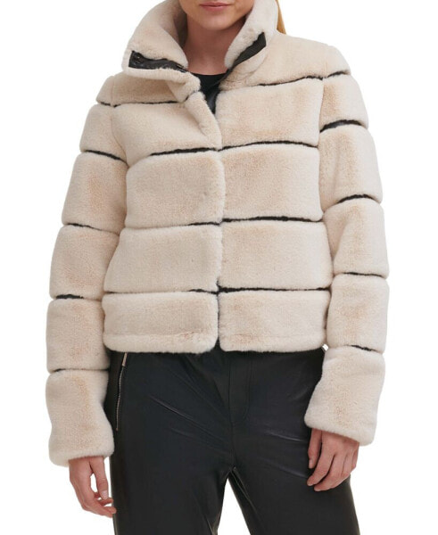 Womens Faux-Leather Trim Faux-Fur Short Coat