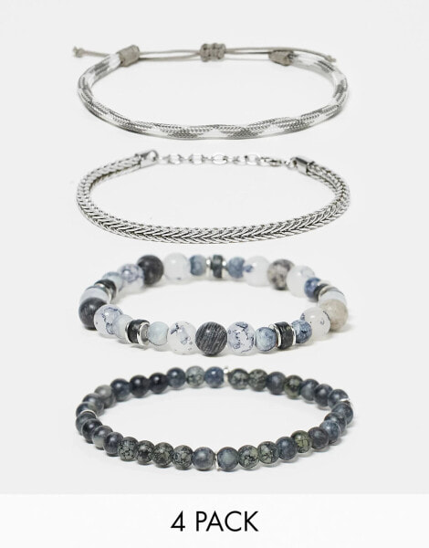 ASOS DESIGN 4 pack beaded bracelet set in grey tone