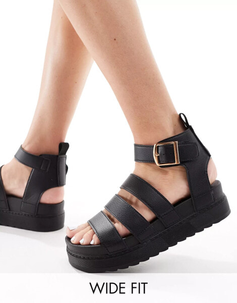 Truffle Collection wide fit wide strap sandal in black