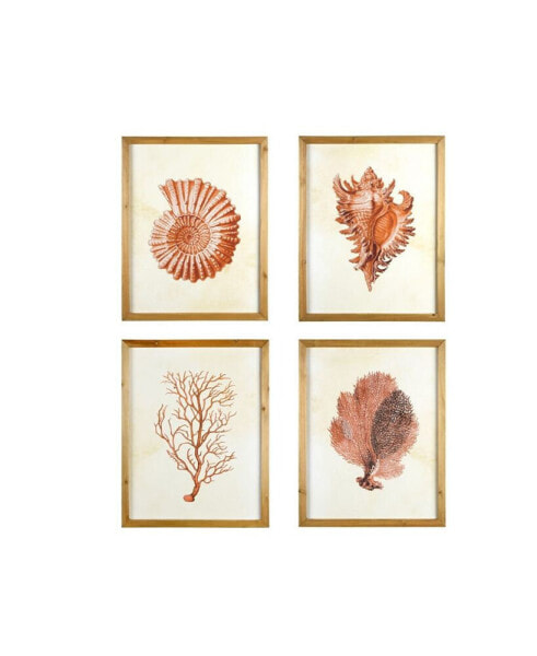 Wood Framed Wall Art with Red Shells and Coral, Set of 4