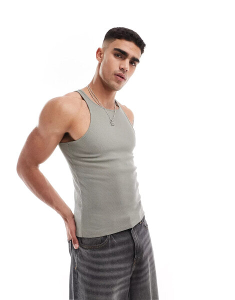 ASOS DESIGN muscle fit vest with high neck in khaki