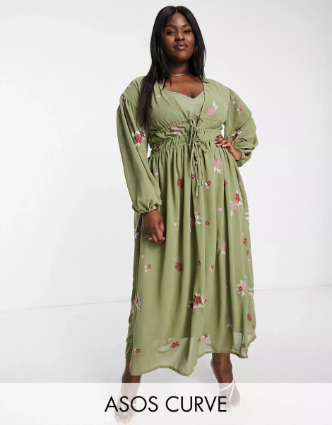 ASOS DESIGN Curve soft all over embroidered maxi dress in khaki