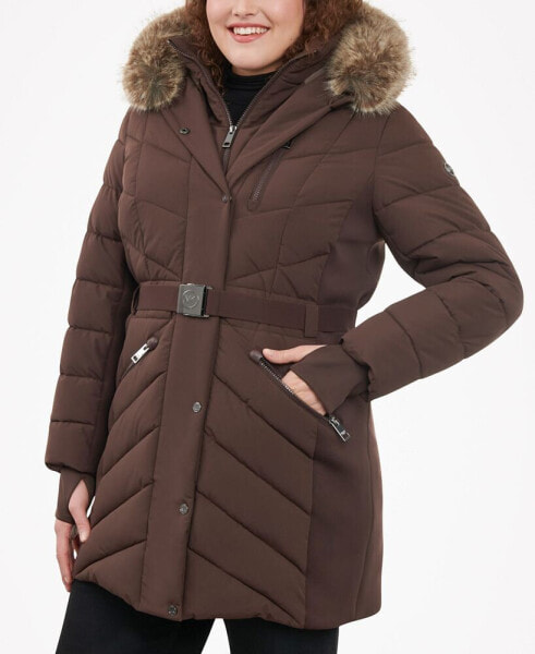 Women's Plus Size Belted Faux-Fur-Trim Hooded Puffer Coat