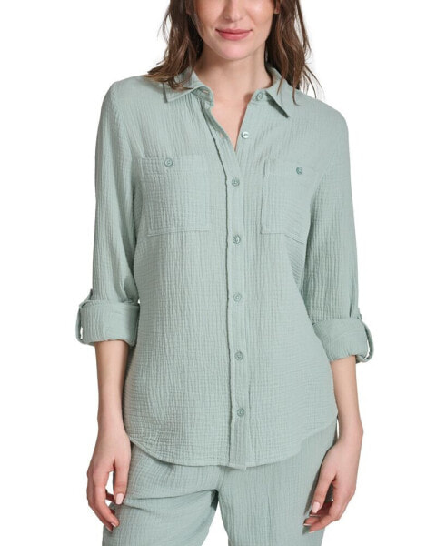 Women's Double-Crepe Button-Down Roll-Tab-Sleeve Shirt