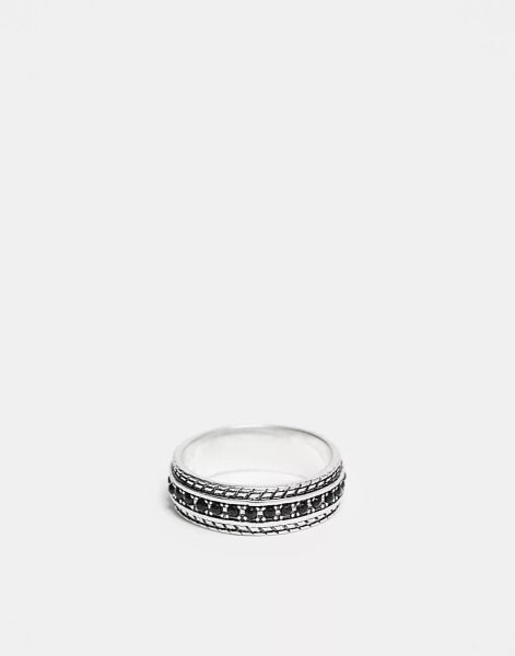 ASOS DESIGN band ring with black crystals in burnished silver tone