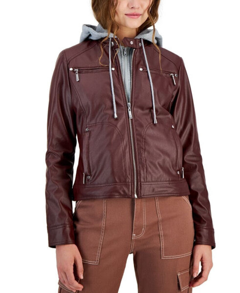 Куртка мото женская Jou Jou juniors' Faux-Leather Hooded, созданная для Macy's.