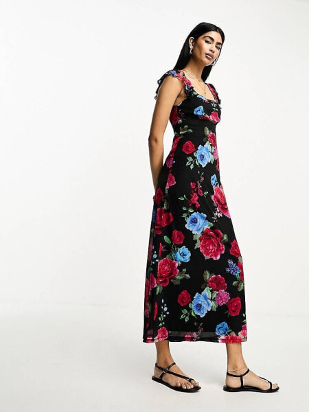 ASOS DESIGN mesh scoop neck frill sleeve maxi dress in floral print 