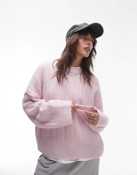 Topshop knitted vertical rib crew oversized jumper in lilac