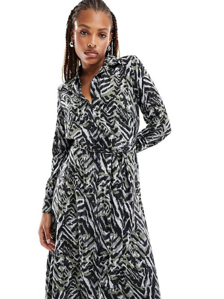 JDY belted midi shirt dress In abstract animal print