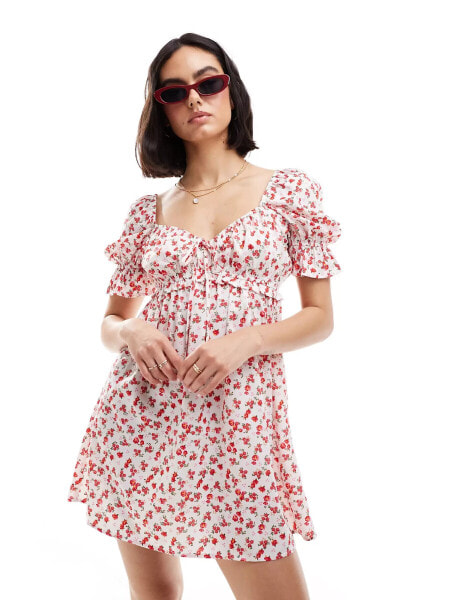 Wednesday's Girl tie front puff sleeve mini dress in white red floral