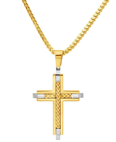 Men's Franco Link Inlay Cross Pendant Necklace in Sterling Silver & Yellow Ion-Plated Stainless Steel