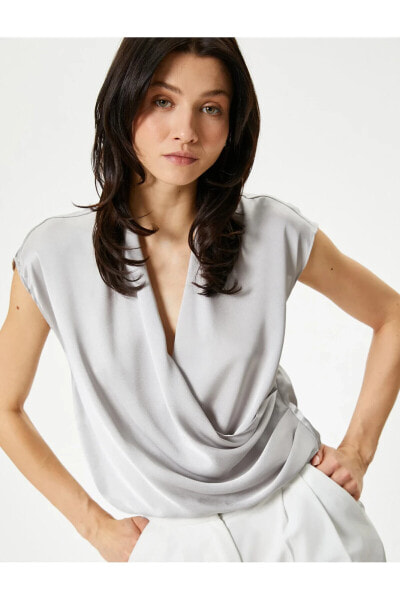 Блузка Koton Драпированная Сатиновая с коротким рукавом V-образным вырезом