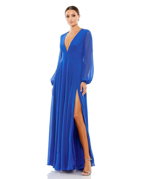 Women's V-Neck Illusion Long Sleeve Chiffon Gown