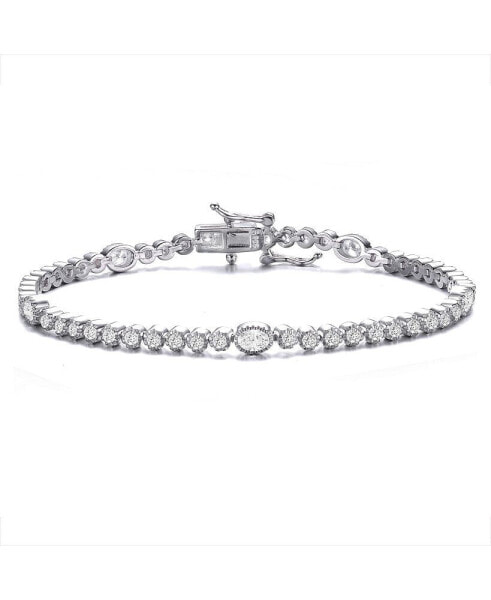 Sterling Silver with Rhodium Plated Clear Round and Oval Cubic Zirconia Bezel Set Tennis Bracelet