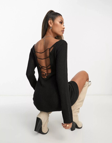 ASYOU webbed ladder strappy back sheer dress in black