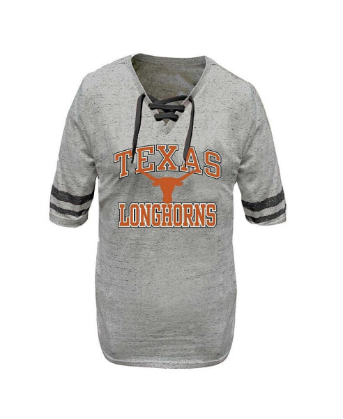 Women's Heather Gray Distressed Texas Longhorns Plus Size Striped Lace-Up T-shirt