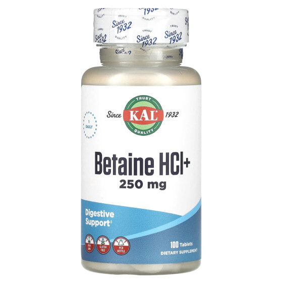 Препарат для пищеварения Betaine HCl+ от KAL, 250 мг, 100 таблеток
