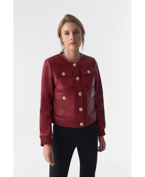 Women's Collarless Stunning Studs Closure Leather Jacket, Burgundy