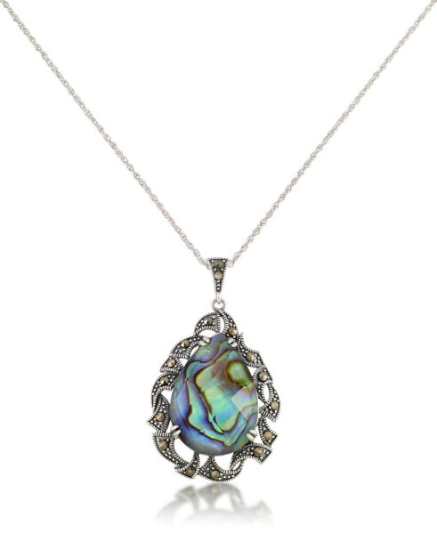 Marcasite and Abalone Doublet Teardrop Pendant+18" Chain in Sterling Silver