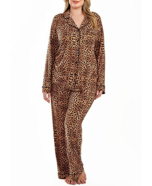Пижама iCollection Plus Size Modal Leopard с отложным воротником, 2 предмета