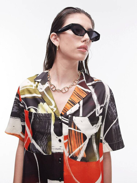 Topshop co ord abstract artsy print satin resort shirt in multi