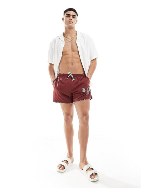 Abercrombie & Fitch embroidered 5in pull on swim shorts in burgundy