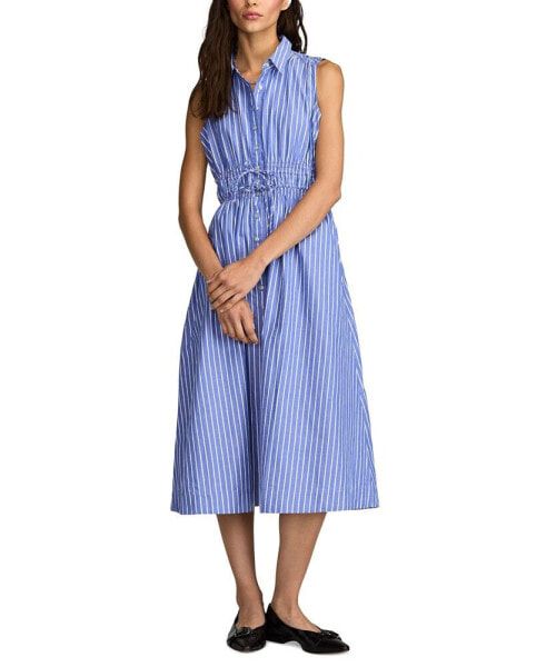 Women's Striped Cotton Cinched-Waist Shirtdress