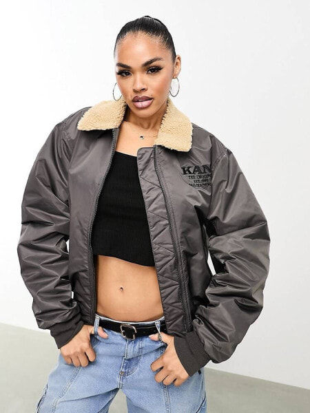 Karl Kani retro aviator bomber jacket in grey with contrast borg collar