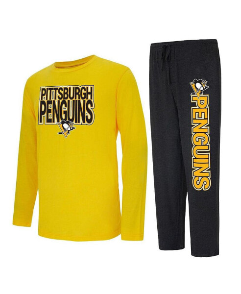 Men's Black, Gold Pittsburgh Penguins Meter Long Sleeve T-shirt and Pants Sleep Set