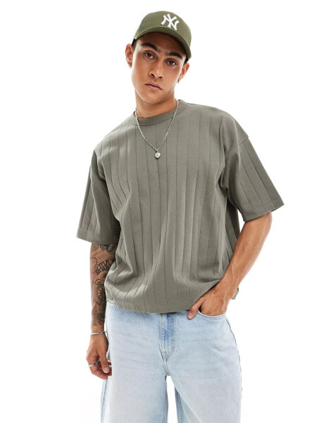 ASOS DESIGN oversized boxy textured rib t-shirt in khaki